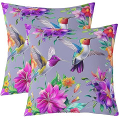 Homewish 3D Hummingbird Set of 2 Cushion Covers, 60 x 60 cm, Purple Floral Throw Cushion Covers, Rustic Farmhouse Garden Cushion Covers, Wildlife Flying Animal Decorative Cushion Covers for Sofa Couch
