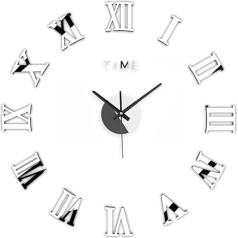 3D DIY Wall Clock, Modern Frameless Large 3D DIY Wall Clock Mirror Sticker Kit Decoration Home for Living Room Bedroom (Silver)