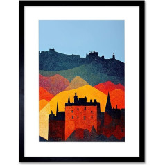 Wee Blue Coo Edinburgh in Autumn Scotland Scottish Modern Folk Art Multi Coloured Cityscape Artwork Framed Wall Art Print 12 x 16 Inches