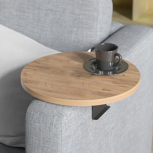 Tubibu Couch Tray for Armrests, Adjustable Sofa Tray with Drink Holder, Special Design with Practical Metal Holder, Shelf for Seat Set, Diameter 35 cm (2, Brown)