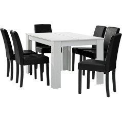 [en.casa] Dining Table Matt White with 6 Chairs Black Faux Leather Padded 140 x 90 cm Dining Set Dining Room