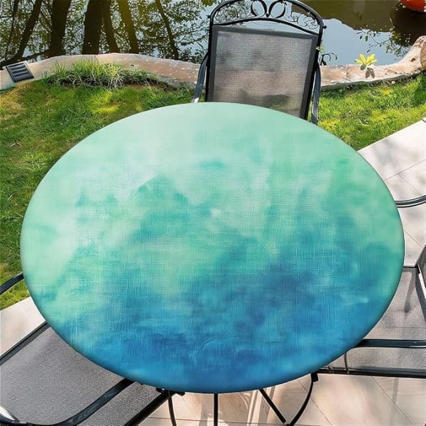 Outdoor Round Tablecloth with Elastic Band, Diameter 60 - 150 cm, Elastic Garden Tablecloth with Green Batik Pattern Suitable for 135 cm - 145 cm
