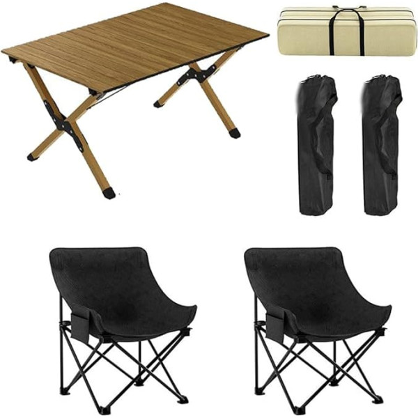 90cm Folding Camping Table and Chairs Set, Portable Lightweight Picnic Table with Carry Bag and Foldable Compact Aluminium Table with Roll Up Top