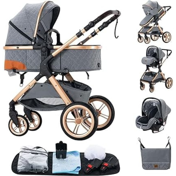 Pram 3 in 1, Foldable Pram Combination Pushchair Aluminium Frame for Newborns Drink Holder Mosquito Net Rain Blanket Seat Nappy Bag (3 in 1 XX1 Grey)