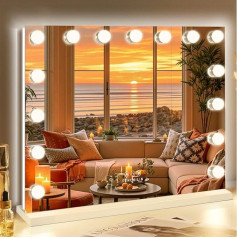 FENCHILIN Hollywood Mirror with RGB Make-Up Mirror with Lighting with 15 Dimmable Lights 3 Light Modes Hollywood Mirror with Lighting 10x Magnification HD Tempered Glass White 58 cm x 46 cm