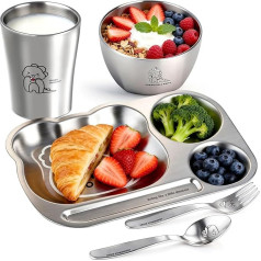 Stainless Steel Baby Crockery Set, Children's Crockery Set Made of Stainless Steel, 5-Piece Reusable Tableware Set, Cup, Bowl, Plate, Spoon & Fork for Children