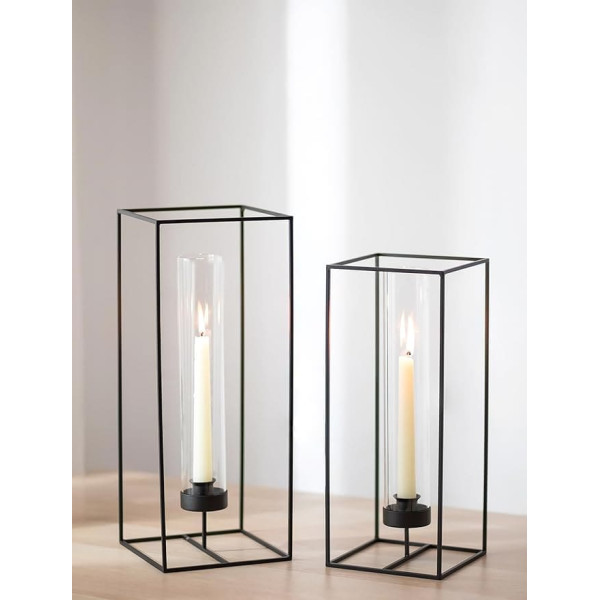 Sziqiqi Candle Holder Taper Candles Black: Geometric Taper Candle Holder Metal for Table Decoration Outdoor - Large Candle Holder with Lantern Glass Modern for Living Room Christmas Outdoor
