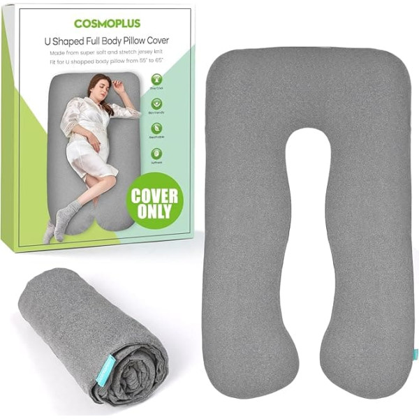 COSMOPLUS Maternity Pillowcase, U Shape Full Body Pillow Case for Maternity Stretchy Cool Breathable Jersey Fabric Provides Sleep and Pregnancy Support Light Grey