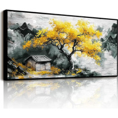 hyidecorart Canvas Wall Pictures, Large, Yellow Tree of Life Pictures with Frame, Nature Landscape Painting, Vintage Wall Decoration for Bedroom, Hallway, Living Room, Dining Room, Office, 73 x 146 cm