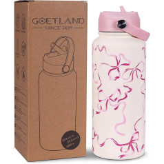 Goetland Grinding Insulated Water Bottle, Stainless Steel, 1 Litre Water Bottle with Straw Handle, Double-Walled Vacuum Bottle, Drinking Cup, Leak-Proof for Women and Men, Pink