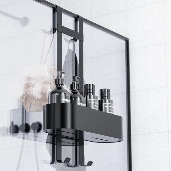 Shower Shelf for Hanging, Shower Shelf without Drilling, Stainless Steel Shower Basket for Hanging Glass, Shampoo Shower Shelf for Shower, Shower Screen with 4 Hooks (Black)