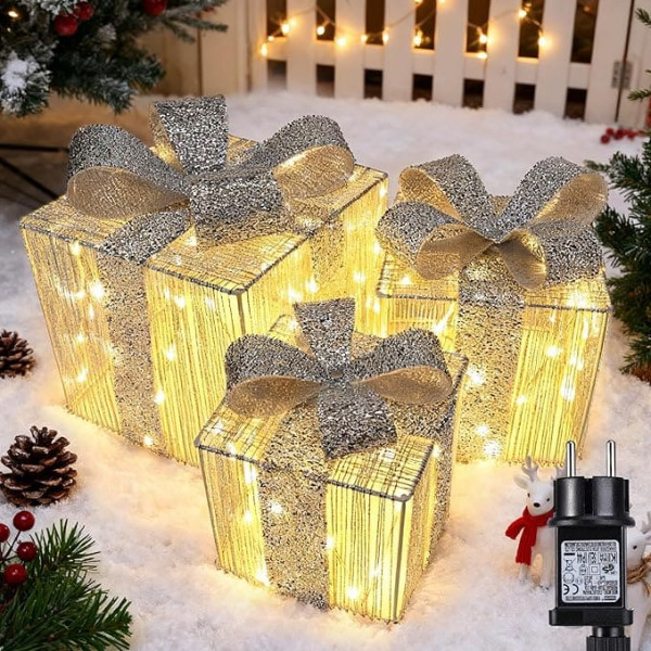 iBaycon Christmas Lighting Illuminated Gift Boxes, 140 LED Fairy Lights, Outdoor Christmas, Timer, Silver Gift Boxes, Christmas Decoration, Warm White Christmas Lighting, Outdoor, Garden, Lawn, Yard, Pack of 3