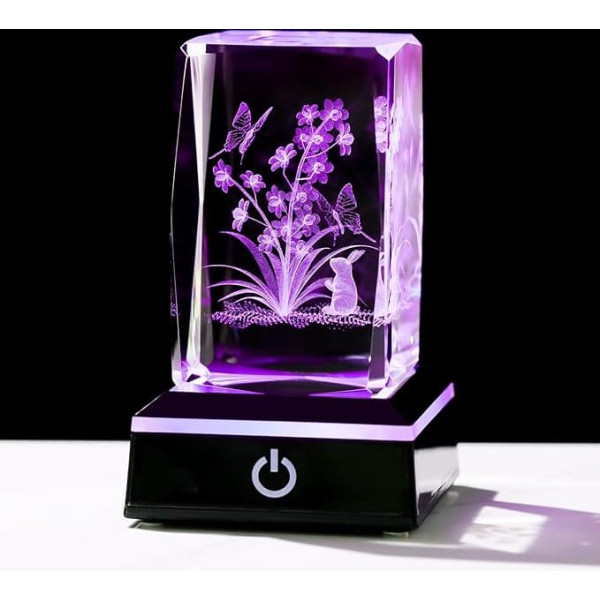 Movdyka Crystal 3D Flowers with Rabbit and Butterfly Funny Animal Gifts for Women with LED Lights Engraved Glass Ornament Birthday Gifts for Her Daughter Mother's Day