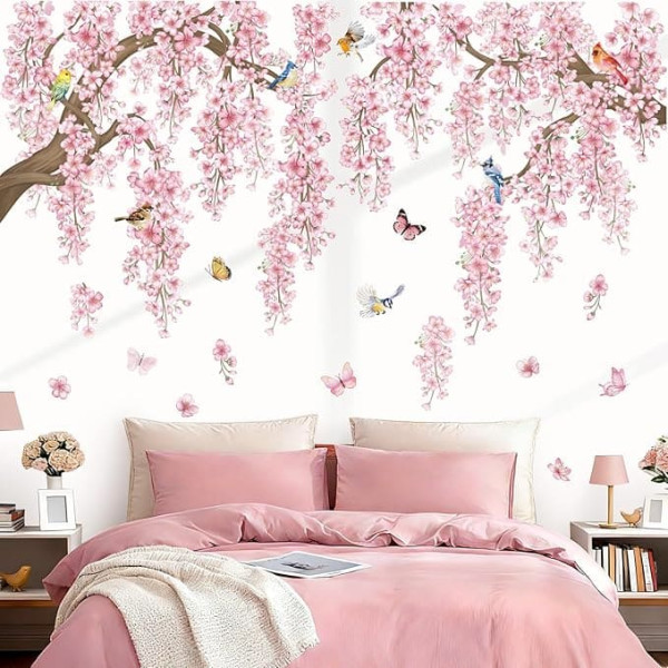 wondever Wall Tattoo Cherry Blossom Pink Tree Branch Large Wall Sticker Hanging Flowers Blossoms Birds Wall Sticker Wall Decoration for Bedroom Living Room Sofa Background
