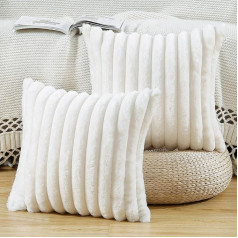 Madizz Set of 2 Faux Fur Plush Decorative Cushion Covers, Fluffy, Striped, Soft, Decorative Cushion Cover for Sofa, Bedroom, Cushion, Creamy White, 50 x 50 cm