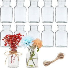 Set of 12 Small Vases, 125 ml Vases, Small Table Decoration with 10 m Jute Cord, Glass Vases for Table Decoration, Mini Glass Vases, Suitable for Weddings, Birthdays, Festivals, Party Set