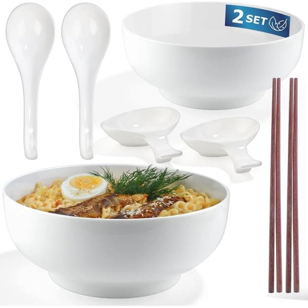 Urban Lifestyle Ramen Bowl Set for 2 People, Large Ramen Bowls, Diameter 20.5 cm, 1.7 L, Made of Bone China Porcelain, Soup Bowls Set with Spoon, Chopsticks and Dip Bowls, Asian Bowls, White