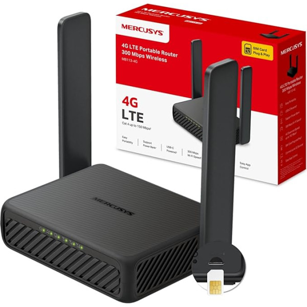 Mercusys MB113-4G LTE WLAN Router, Mobile 4G Router Portable with SIM Card, Cat 4 up to 150 Mbps, 2 x 100 Mbps Ports, OpenVPN, Plug & Play, Up to 32 Devices, Power Bank Operation
