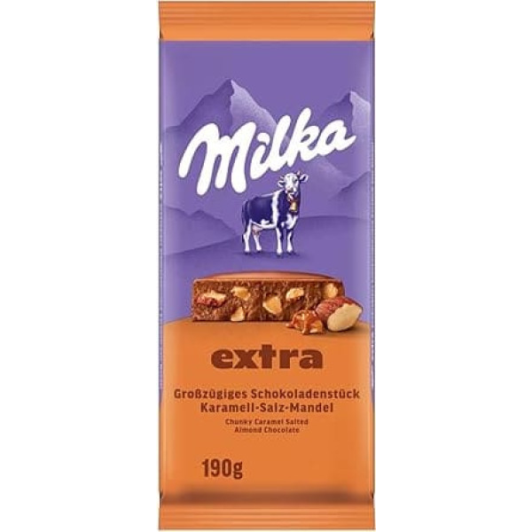 Milka Extra Caramel Salt Almond - Alpine Milk Chocolate with Caramel Pieces - Almonds and a Pinch of Salt - 190g