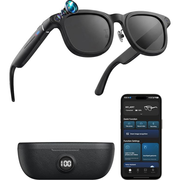 AI-Smart-Brille mit Kamera, integrierter ChatGPT AI-Sprachassistent, 1200P-Videoaufnahme, 8MP IMX219, 8 Stunden Musikwiedergabe, abnehmbare Objektive, Echtzeit-Übersetzung, mit 3600 mAh Ladekoffer