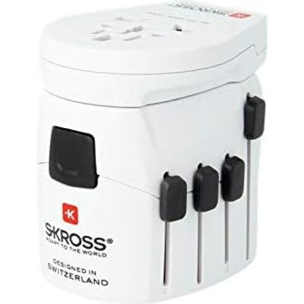 SKROSS World Adapter Pro World & USB; World Adapter Pro World & USB - White - Suitable for all grounded and unearthed devices (2 and 3 pins) with integrated USB charger