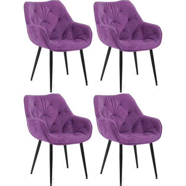 CLP Set of 4 Tanna Velvet Chairs, Quilted Upholstered Chairs, Dining Room Chairs with Floor Protectors, Colour: Purple