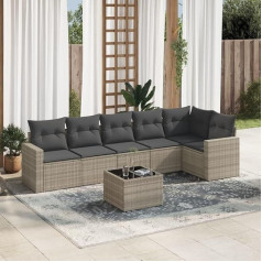 7-TLG. Garten Sofa Set Poly Rattan Hellgrau mit wasserabweisendem Beutel und Kissen als Gartenmöbel Sofagarnitur mit Stauraum