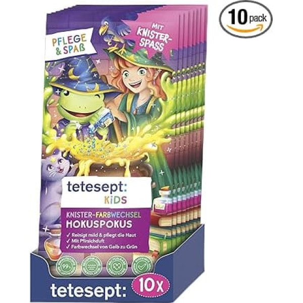 tetesept Kids Crinkle Colour Changing Hocus Pocus - 10 x 45 g - Nourishing Bath Additive with Fruity Peach Fragrance for Children - Crinkle Bath with Magic Colour Changing