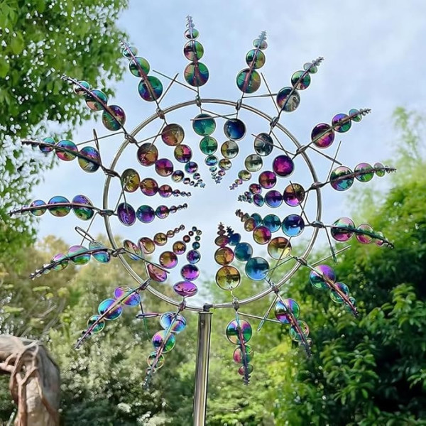 Magic Metal Windmill, HOVCEH Upgraded Rust Protection Wind Chimes for Outdoor Standing, 3D 360° Dual Rotors Kinetic Wind Chime Metal for Outdoors, Yard, Patio, Lawn and Garden