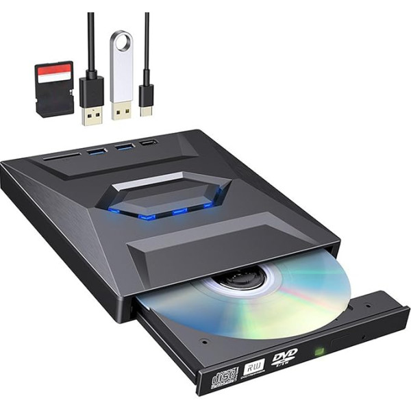 External CD DVD Drive for Laptop: USB 3.0 & Type C DVD Drive External with SD/TF Card Reader and USB Ports, CD DVD RW Burner for Laptop, Desktop, Windows XP/2003, Win 7/8/8.1/10, Linux, Vista