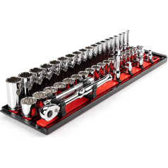 TEKTON 3/8-Inch Drive 12-Point Socket and Ratchet Set with Rails and Tray, 44-Piece (6-24mm) | SKT13202