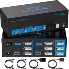 8K60Hz Displayport KVM Switch 2 PC 3 Monitors USB 3.0 KVM Switch with 4 USB Ports for Two Computers Support Extended & Copy Mode with Desktop Cable Controller and 2 x USB Cables