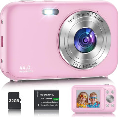 Digitalkamera, Kamera Fotokamera mit 32GB Karte, 44MP 1080P HD Kinderkamera mit 16X Digitalzoom Kompaktkamera, Wiederaufladbare Fotoapparat mit Akku, Kamera für Kinder, Teenager, Anfänger (Rosa)