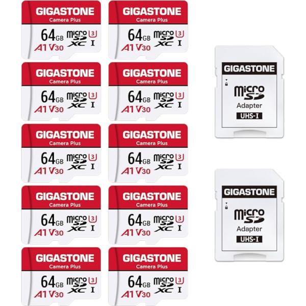 GIGASTONE 64GB MicroSDXC Memory Card Pack of 10 + SD Adapter, Camera Plus, up to 95MB/s, for Action Camera Drone, Tablet, Full HD Video Recording, A1 V30 U3 Micro SD Card UHS-I