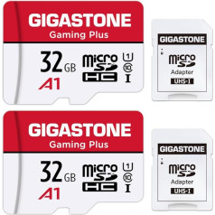 Gigastone Gaming Plus 32GB MicroSDHC Memory Card Pack of 2 and SD Adapter, Action Cameras and Drones, Read Speed up to 90MB/s, Full HD Video Recording, Micro SD Card UHS-I A1 U1 Class 10
