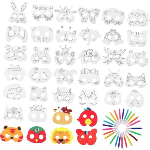 Teiliges DIY Masken Bastelset mit Verschiedenen Tiermasken Farbige Aquarellstifte Elastischem Band Unbemalte Faschingsmasken zum Bemalen für Cosplay Maskerade Partyzubehör