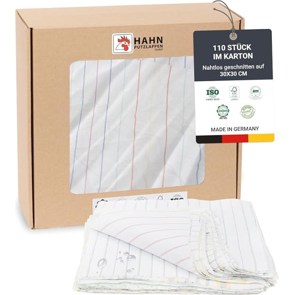 Hahn Cleaning Cloths Cotton Colourful [Pack of 110] - Seamless Cut 30 x 30 cm - Thin, Absorbent & Durable for Workshop, Building Cleaning, Household & Car Care - 100% Recycled - Made in Germany