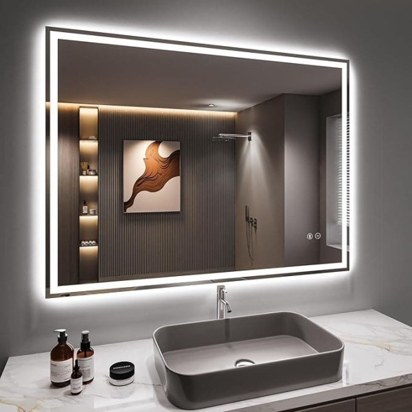 Dripex Bathroom Mirror with Lighting, LED Mirror with Bluetooth Speaker and Socket, Dimmable, 3 Light Colours, Adjustable Bathroom Mirror with Lighting, Anti-Fog, 50 x 70 cm