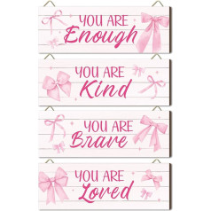 4-Piece Pink Motivational Signs, Bows Wooden Decoration for Girls Room, Living Room, Bathroom, 11 x 4 Inches