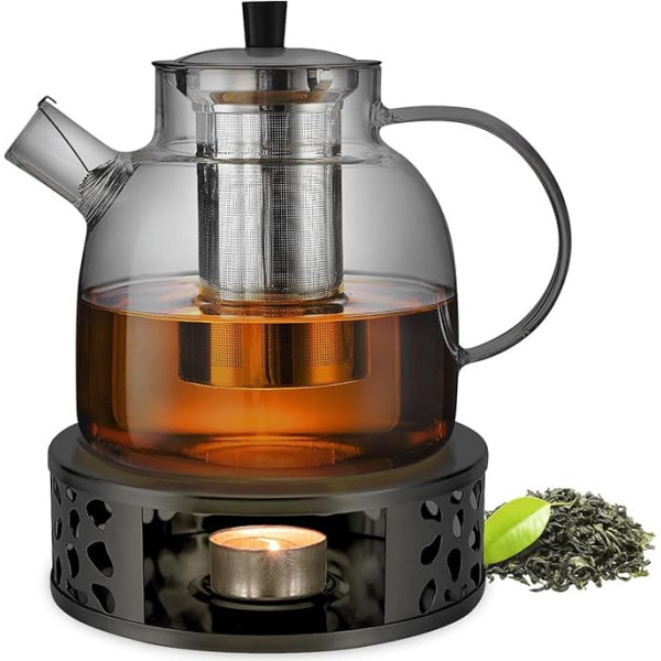 1500 ml Teapot with Strainer Insert, Teapot with Warmer, Glass Teapot with Stainless Steel Heater, Glass Tea Maker Tea Service for Loose Teas Fruit Tea Scented Tea
