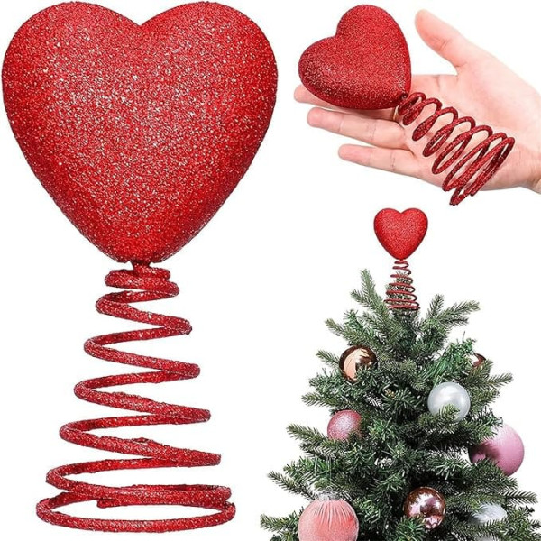 Mini-Baumspitze zum Valentinstag, 13 cm, rot, romantisch, glitzernd, herzförmig, für den Innenbereich, Rot, 13 cm