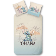 Bed Linen 135 x 200 cm, Children's Bed Linen with Ohana Lilo & Stitch Motif for Girls and Boys, Teenage Bed Linen, 100% Cotton, 1 x Pillowcase 80 x 80 cm + Duvet Cover 135 x 200 cm
