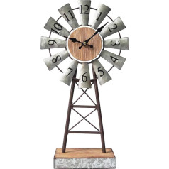 MODE HOME Galvanized Windmill Table Clock on Stand, Vintage Desk and Shelf Clock, Decorative Farmhouse Kitchen Clock, Mantel Clock, Rustic Windmill Decor