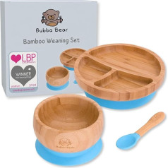 Bubba Bear™ Baby Set with Suction Cup Bowl, Stable Suction Feeding Plate and Spoon for Babies & Toddlers - Free E-Book: The Bubba-Bear Weaning Guide - Natural Bamboo
