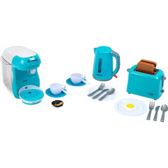 Theo Klein 9598 Bosch Breakfast Set I Blue Kitchen Accessory Set Including Toaster, Coffee Machine and Kettle I with Crockery, Cutlery and Fried Egg Dummy I Toy for Children from 3 Years