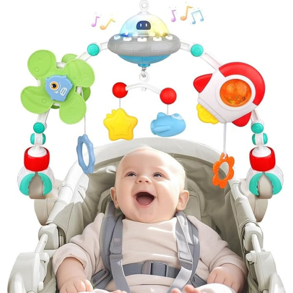 Pram Toy with Music, Play Arch Pram Baby Seat Cot Baby Toy, Mobile Pram Chain with Rattle Toy, Hanging Sensory Baby Toy Gift for Newborns