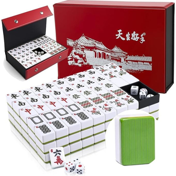 Mahjong Stones Set, 30 mm Mahjong Set with 146 Tiles & 2 Cubes, Classic Chinese Majong Green with Exquisite Gift Box Packaging