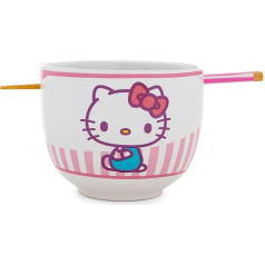 Silver Buffalo Sanrio Hello Kitty Tokyo Ramen Dinnerware Set Ceramic Pink Stripes + Noodle Bowl Wooden Chopsticks 20oz