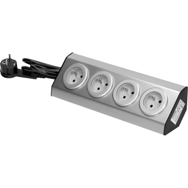 Uz Velcro montējamas mēbeles, virtuves rozete 4x2P+Z INOX ar 1,5 m kabeli.