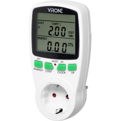 Divu tarifu vatmetrs, enerģijas kalkulators ar LCD displeju, 2 atsevišķi tarifi, iekšējais akumulators, Schuko versija